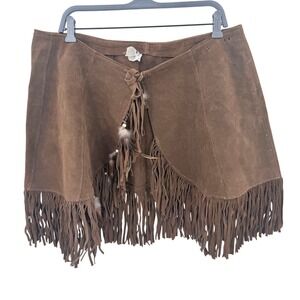 HB Vintage Brown Suede Leather Fringe Wrap Skirt Made in USA Feathers Beads XL